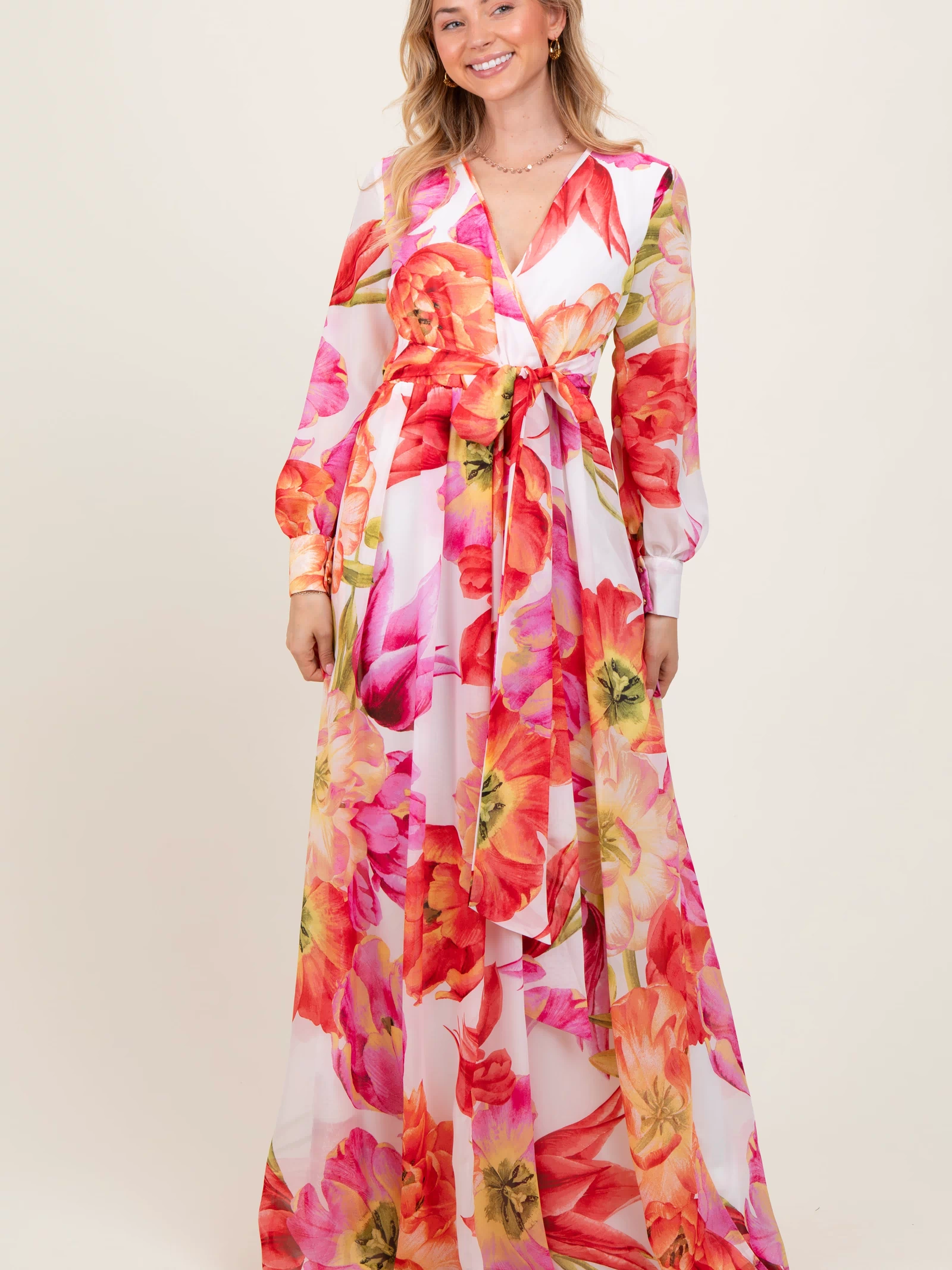 Red  Floral Chiffon Long Sleeve Maxi Dress