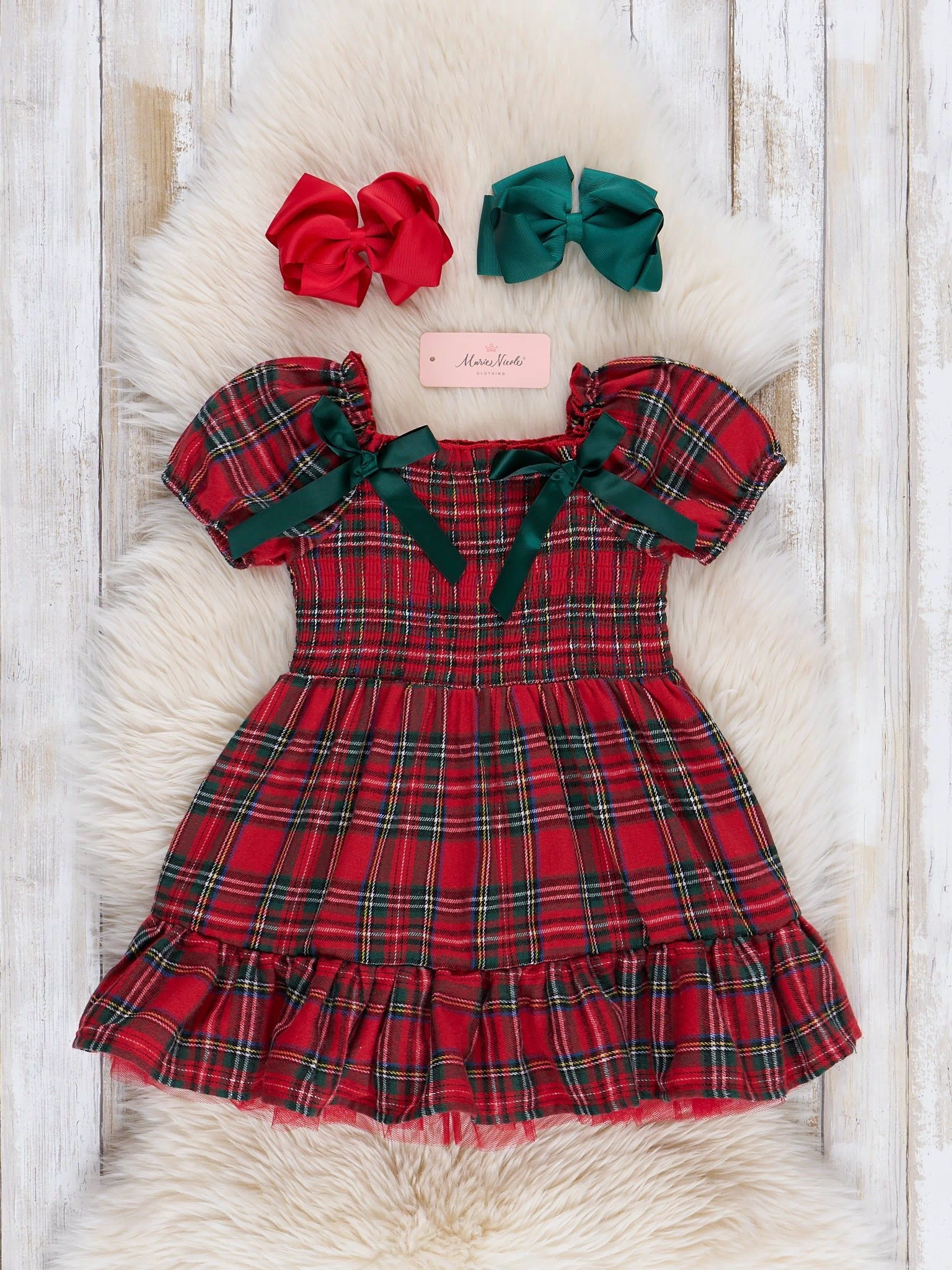 Red & Green Smocked Christmas Tartan Ruffle Dress