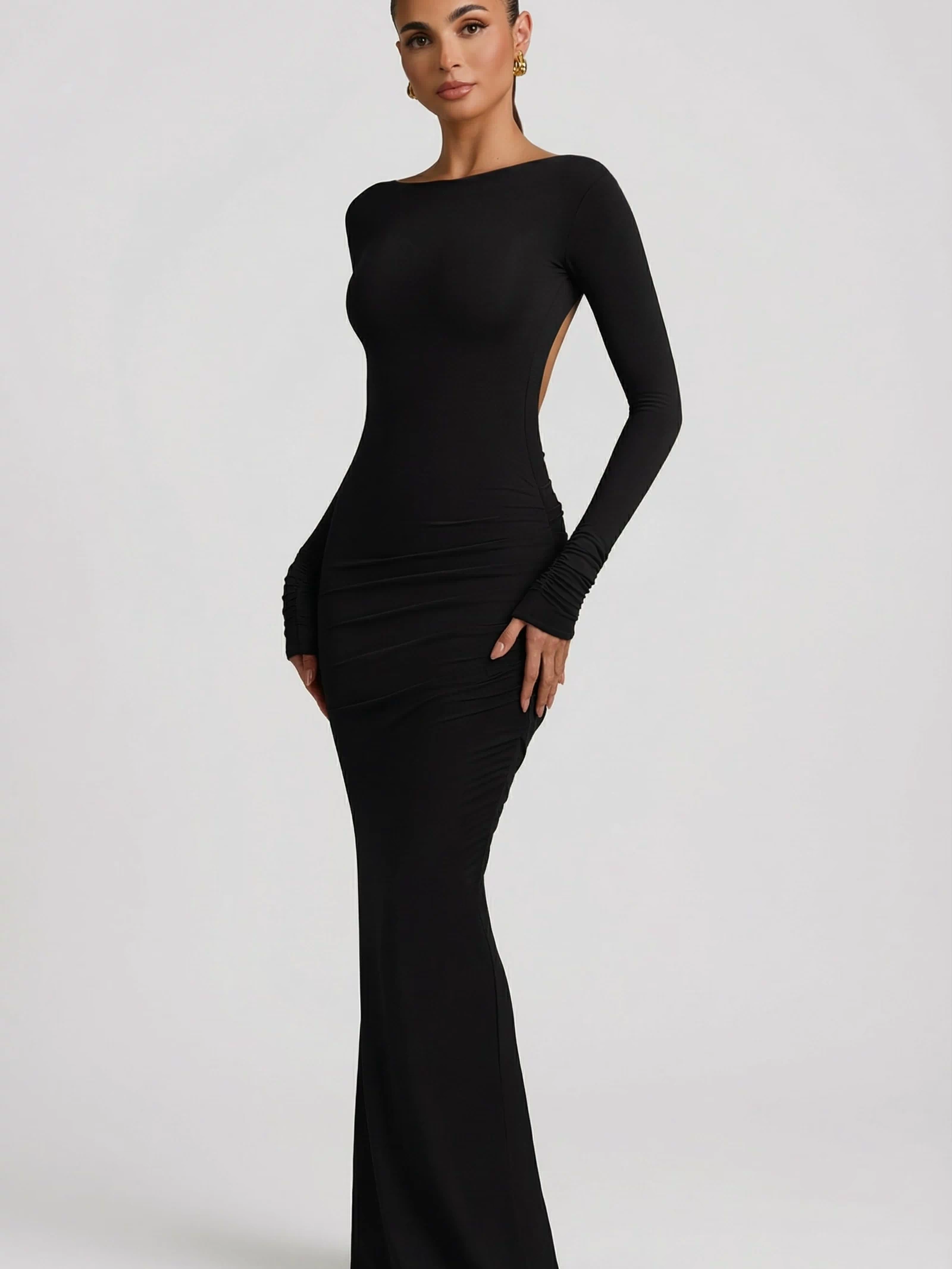 Modal Ruched Backless Maxi Dress in Black