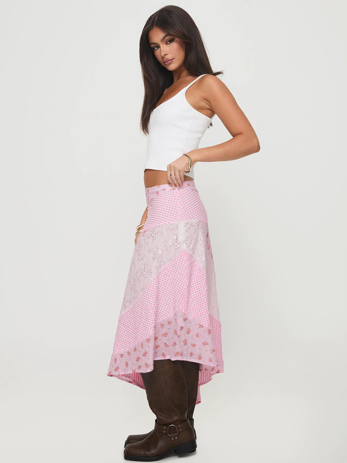   side view of model wearing Princess Polly Rennar Maxi Skirt Multi Maxi Skirts Skirts 