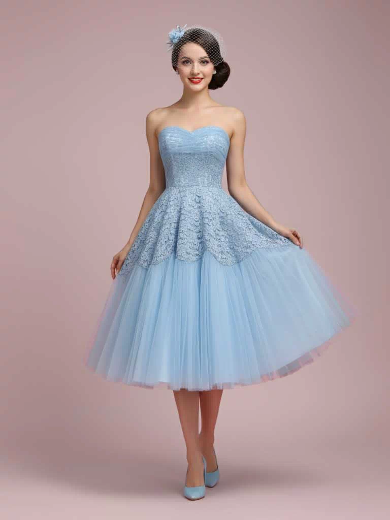 Retro 50s Tea Length Strapless Prom Dress GABBY
