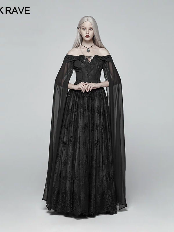 Retro And Elegant Dark Gothic Off Shoulder Victoria Long Lace Dress