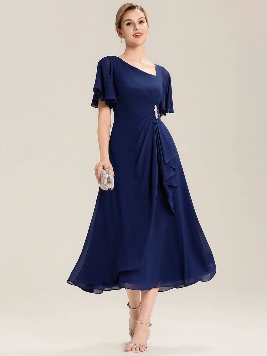ever LILOU|Rhinestone Embellished Chiffon Ruffle Sleeve Wedding Guest Dress
