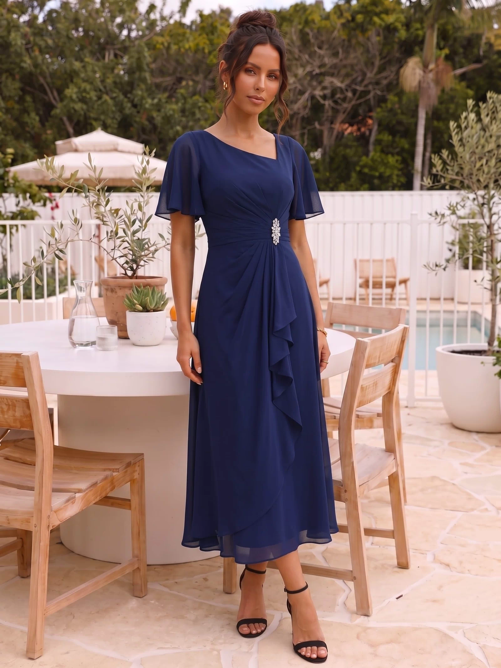 Rhinestone Embellished Chiffon Ruffle Sleeve Evening Dress #color_Navy Blue