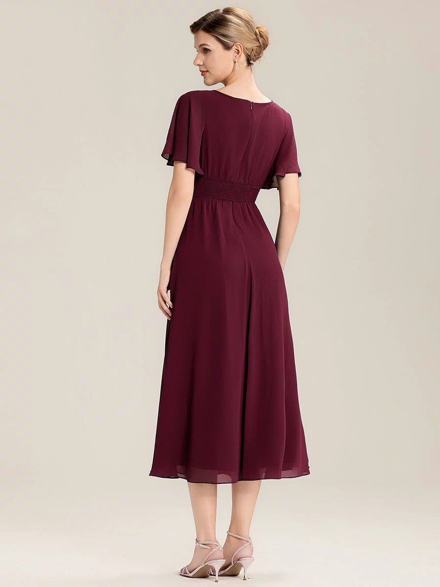 Rhinestone Embellished Chiffon Ruffle Sleeve Evening Dress #color_Burgundy