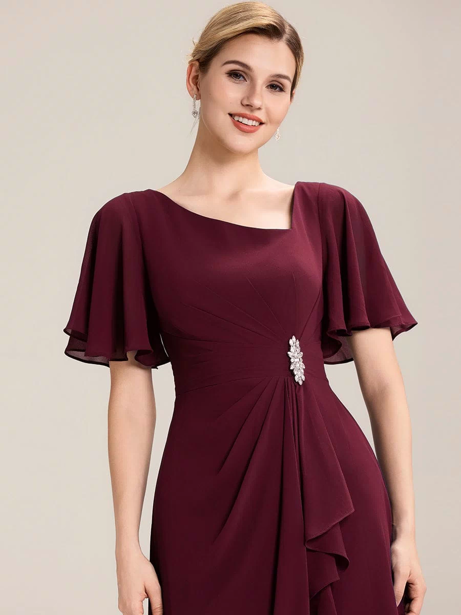 Rhinestone Embellished Chiffon Ruffle Sleeve Evening Dress #color_Burgundy