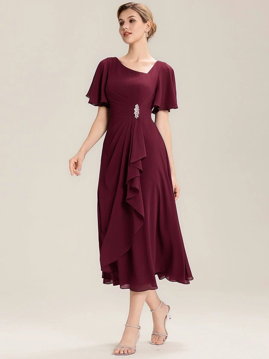 Rhinestone Embellished Chiffon Ruffle Sleeve Evening Dress #color_Burgundy