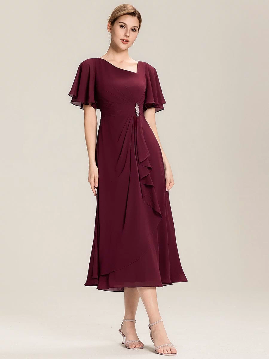 Rhinestone Embellished Chiffon Ruffle Sleeve Evening Dress #color_Burgundy