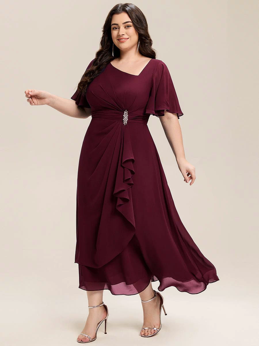 Rhinestone Embellished Chiffon Ruffle Sleeve Evening Dress #color_Burgundy