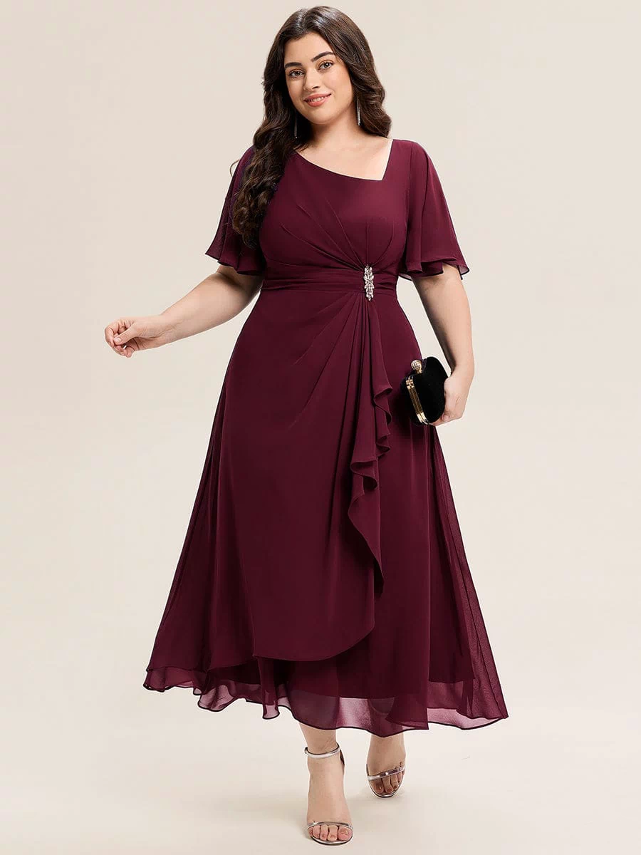 Rhinestone Embellished Chiffon Ruffle Sleeve Evening Dress #color_Burgundy