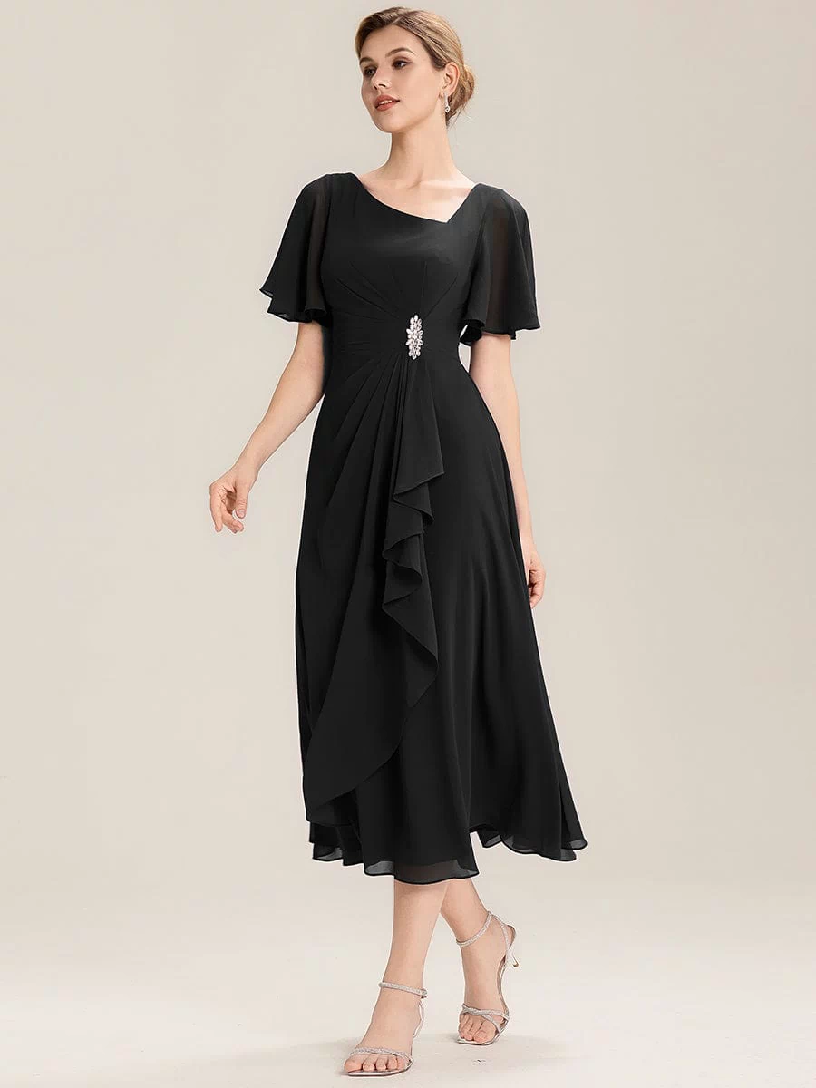 Rhinestone Embellished Chiffon Ruffle Sleeve Evening Dress #color_Black