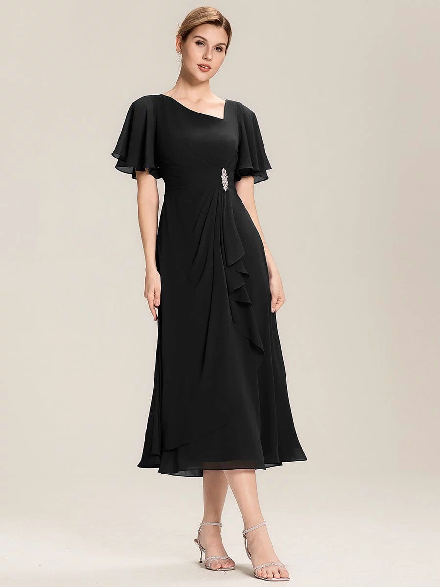 Rhinestone Embellished Chiffon Ruffle Sleeve Evening Dress #color_Black