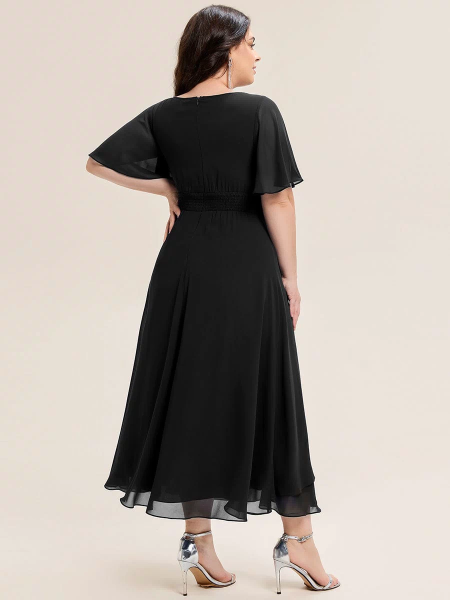 Rhinestone Embellished Chiffon Ruffle Sleeve Evening Dress #color_Black