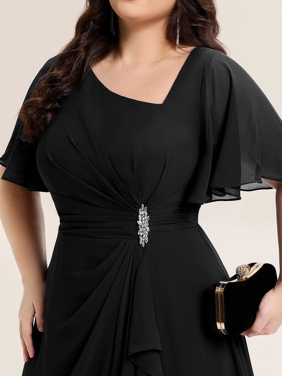 Rhinestone Embellished Chiffon Ruffle Sleeve Evening Dress #color_Black
