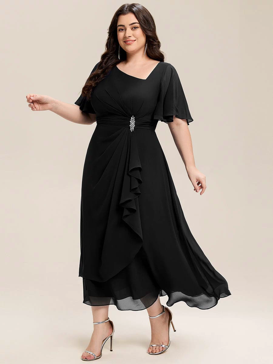 Rhinestone Embellished Chiffon Ruffle Sleeve Evening Dress #color_Black