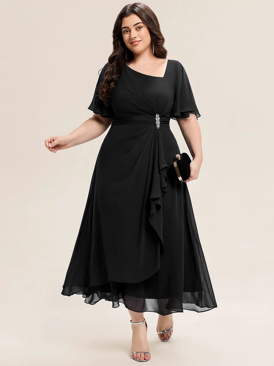 Rhinestone Embellished Chiffon Ruffle Sleeve Evening Dress #color_Black