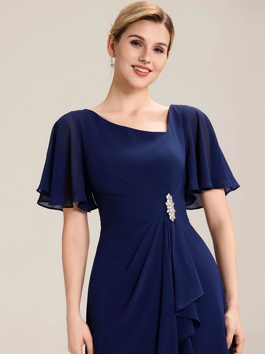 Rhinestone Embellished Chiffon Ruffle Sleeve Evening Dress #color_Navy Blue