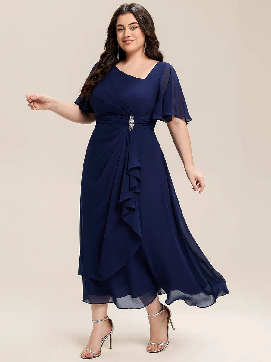 Rhinestone Embellished Chiffon Ruffle Sleeve Evening Dress #color_Navy Blue