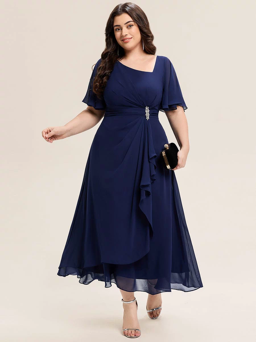 Rhinestone Embellished Chiffon Ruffle Sleeve Evening Dress #color_Navy Blue