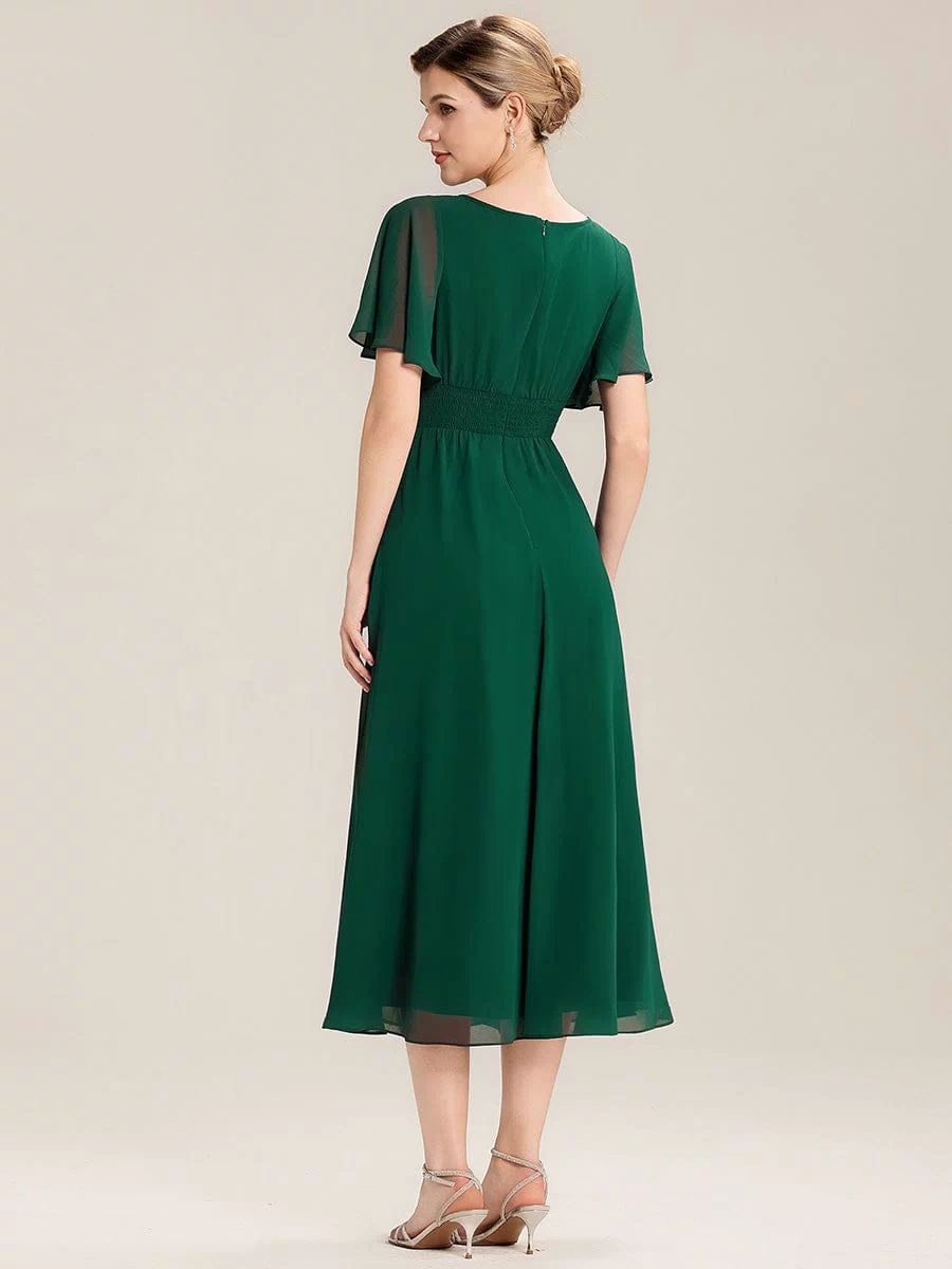 Rhinestone Embellished Chiffon Ruffle Sleeve Evening Dress #color_Dark Green