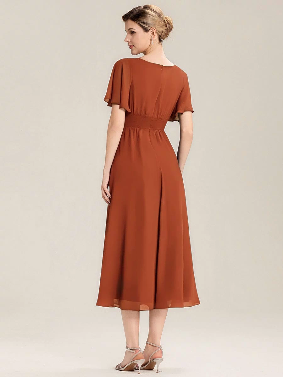Rhinestone Embellished Chiffon Ruffle Sleeve Evening Dress #color_Burnt Orange