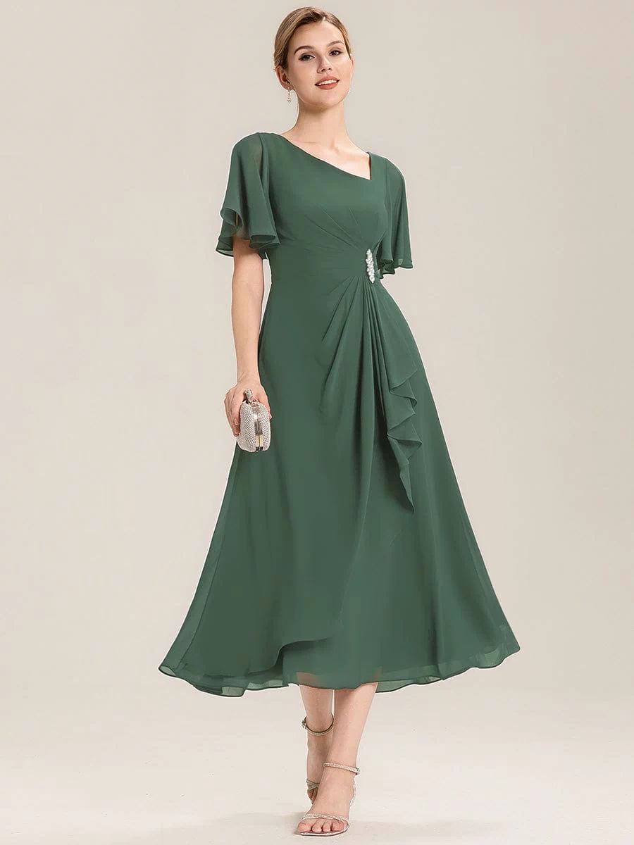 Rhinestone Embellished Chiffon Ruffle Sleeve Evening Dress #color_Eucalyptus Green
