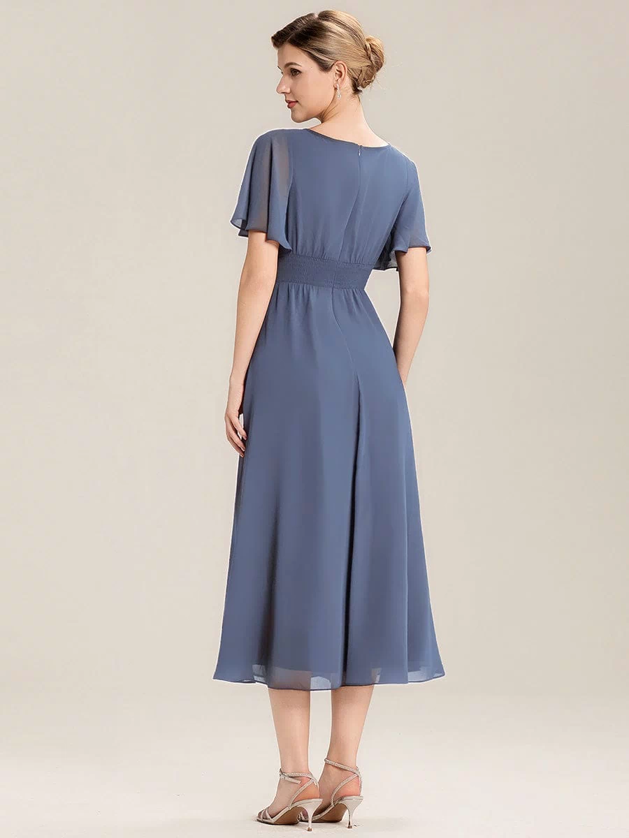 Rhinestone Embellished Chiffon Ruffle Sleeve Evening Dress #color_Dusty Blue