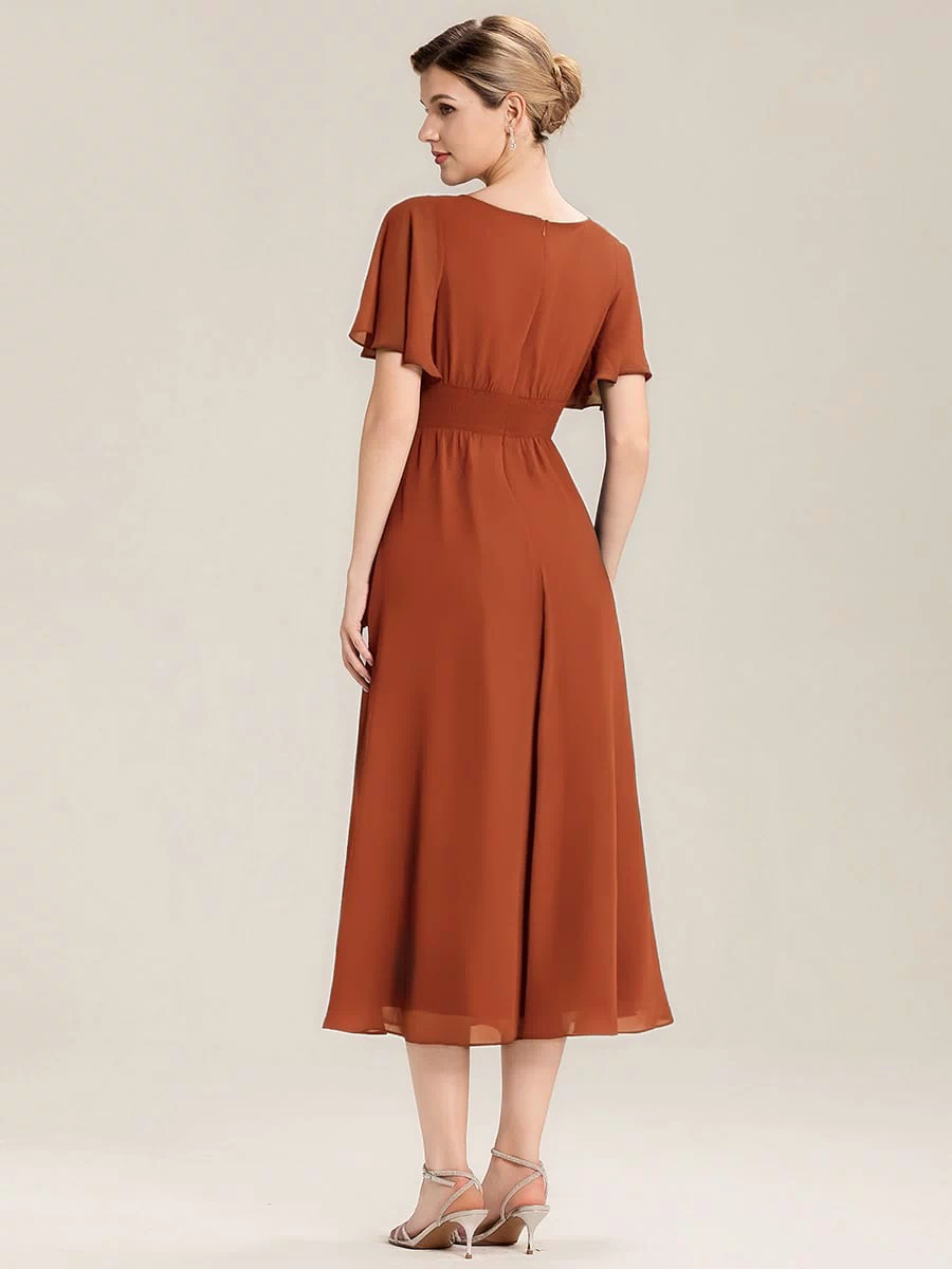 Rhinestone Embellished Chiffon Ruffle Sleeve Evening Dress #color_Burnt Orange