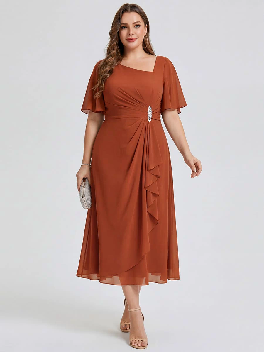 Rhinestone Embellished Chiffon Ruffle Sleeve Evening Dress #color_Burnt Orange