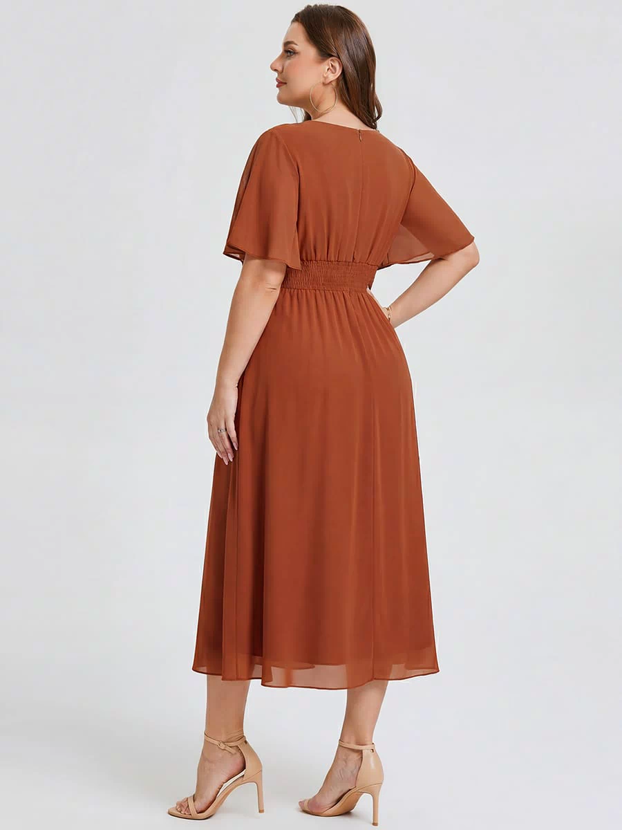 Rhinestone Embellished Chiffon Ruffle Sleeve Evening Dress #color_Burnt Orange