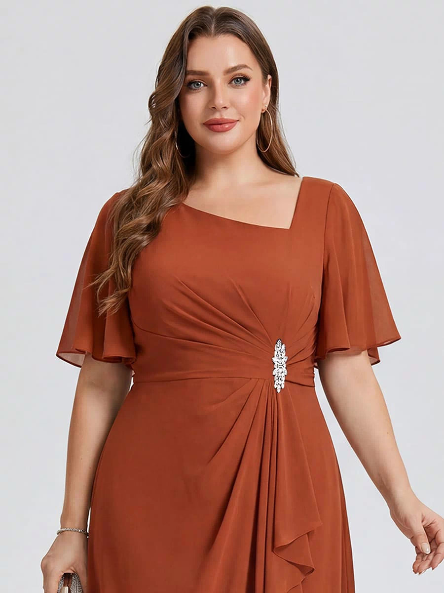 Rhinestone Embellished Chiffon Ruffle Sleeve Evening Dress #color_Burnt Orange