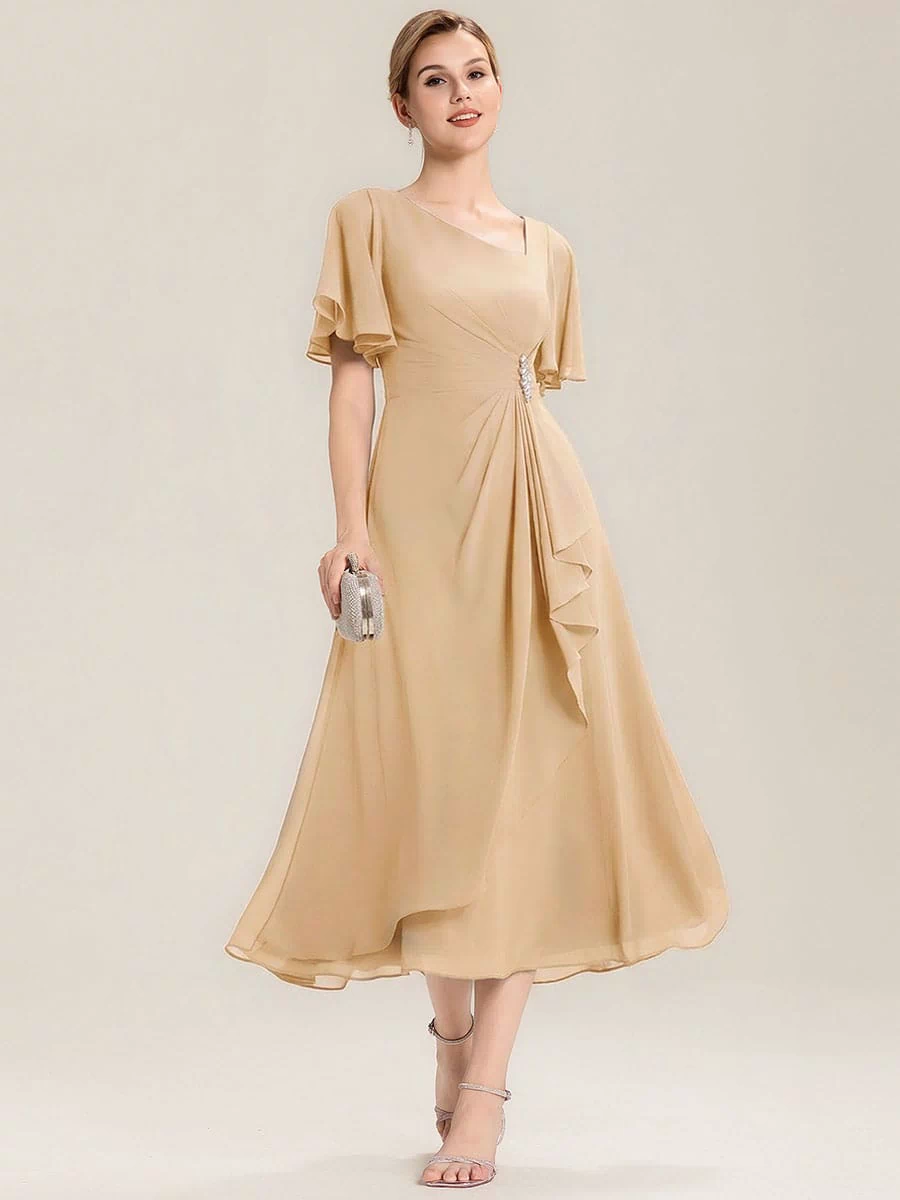 Rhinestone Embellished Chiffon Ruffle Sleeve Evening Dress #color_Champagne