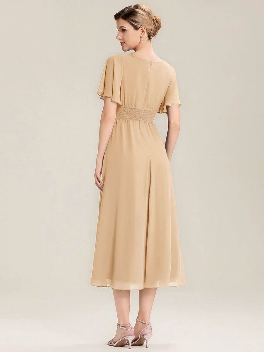 Rhinestone Embellished Chiffon Ruffle Sleeve Evening Dress #color_Champagne