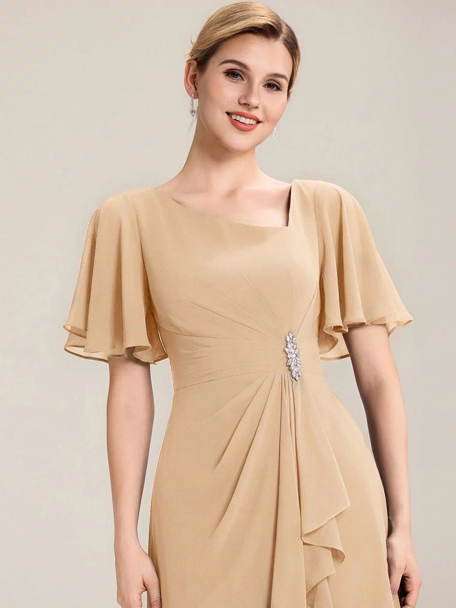 Rhinestone Embellished Chiffon Ruffle Sleeve Evening Dress #color_Champagne