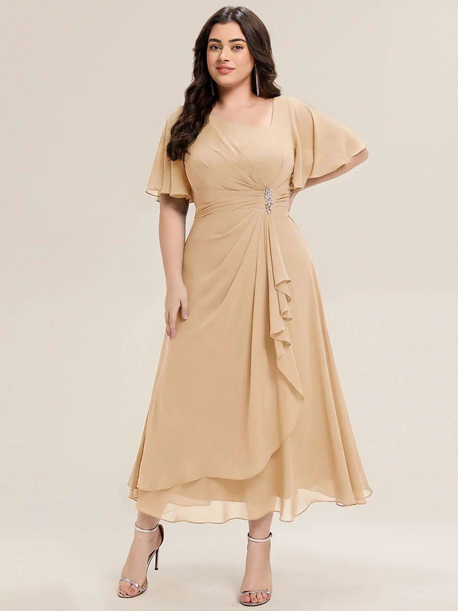 Rhinestone Embellished Chiffon Ruffle Sleeve Evening Dress #color_Champagne