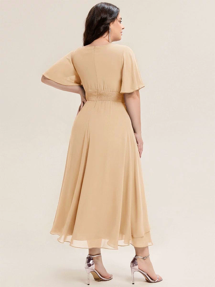 Rhinestone Embellished Chiffon Ruffle Sleeve Evening Dress #color_Champagne