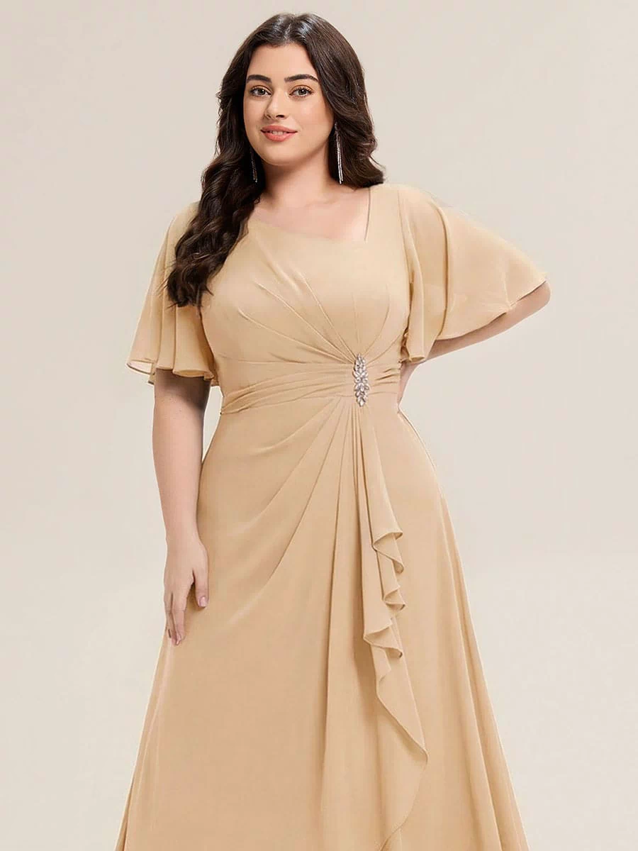 Rhinestone Embellished Chiffon Ruffle Sleeve Evening Dress #color_Champagne