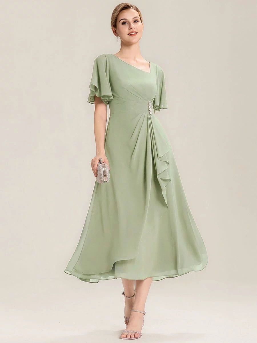 Rhinestone Embellished Chiffon Ruffle Sleeve Evening Dress #color_Mint Green