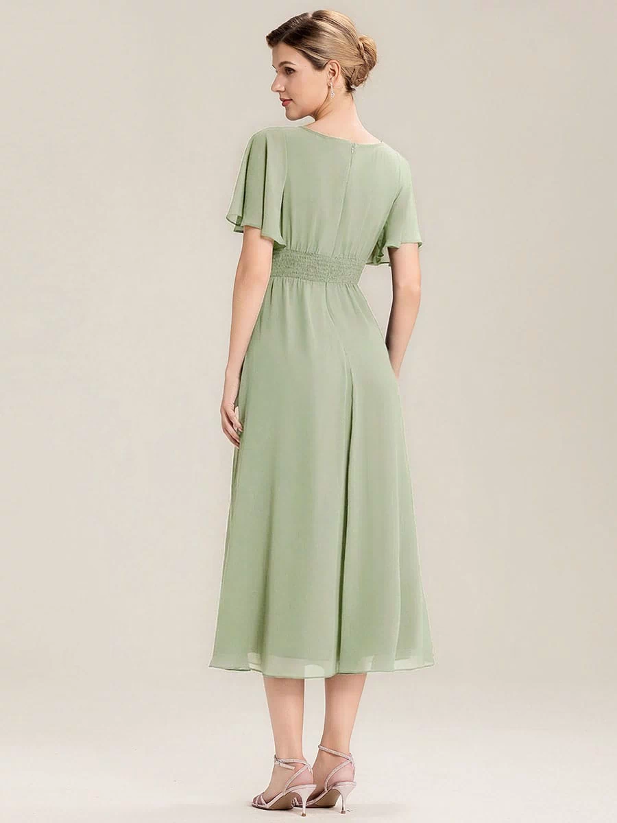 Rhinestone Embellished Chiffon Ruffle Sleeve Evening Dress #color_Mint Green