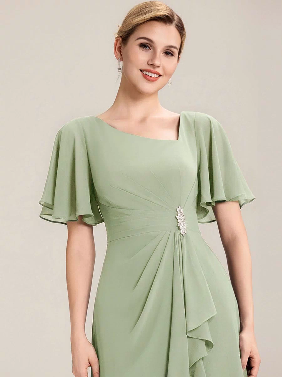 Rhinestone Embellished Chiffon Ruffle Sleeve Evening Dress #color_Mint Green