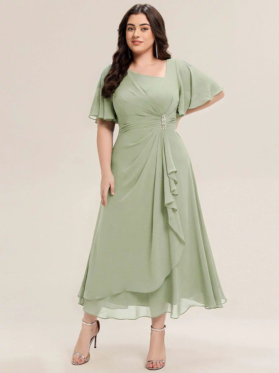 Rhinestone Embellished Chiffon Ruffle Sleeve Evening Dress #color_Mint Green