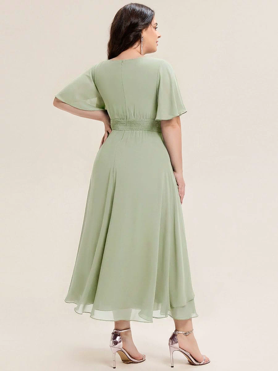 Rhinestone Embellished Chiffon Ruffle Sleeve Evening Dress #color_Mint Green