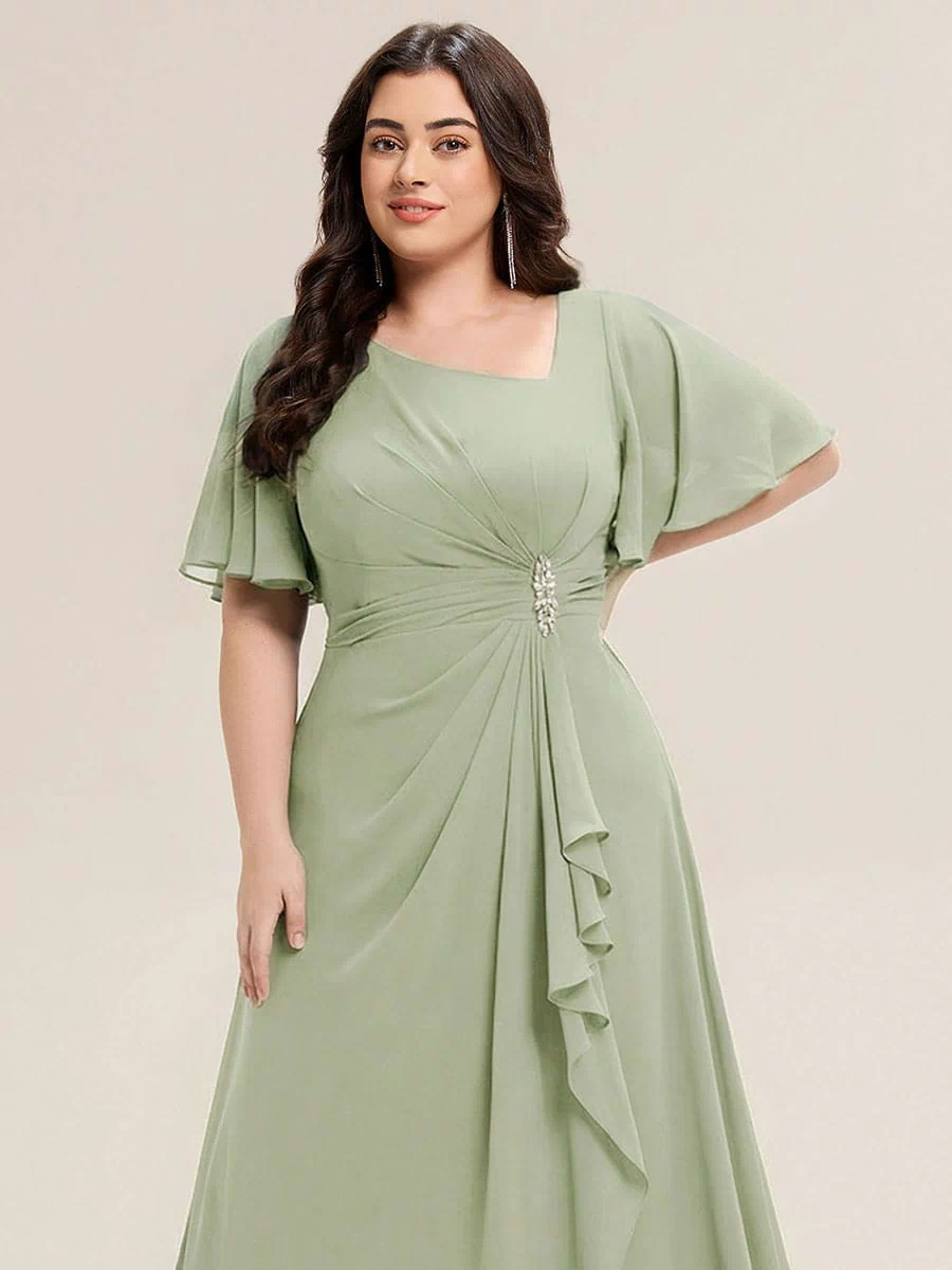 Rhinestone Embellished Chiffon Ruffle Sleeve Evening Dress #color_Mint Green