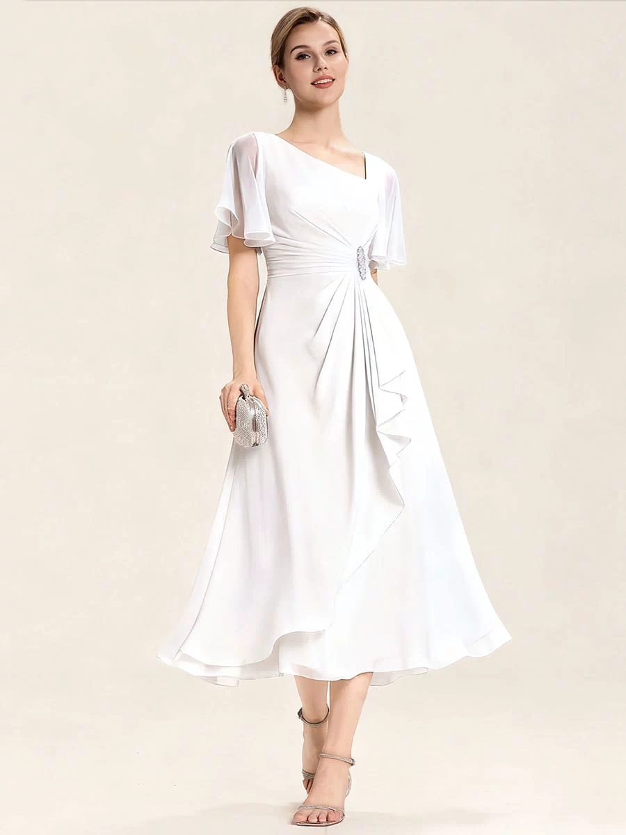 Rhinestone Embellished Chiffon Ruffle Sleeve Evening Dress #color_White