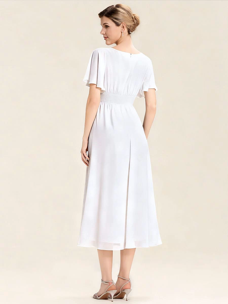 Rhinestone Embellished Chiffon Ruffle Sleeve Evening Dress #color_White
