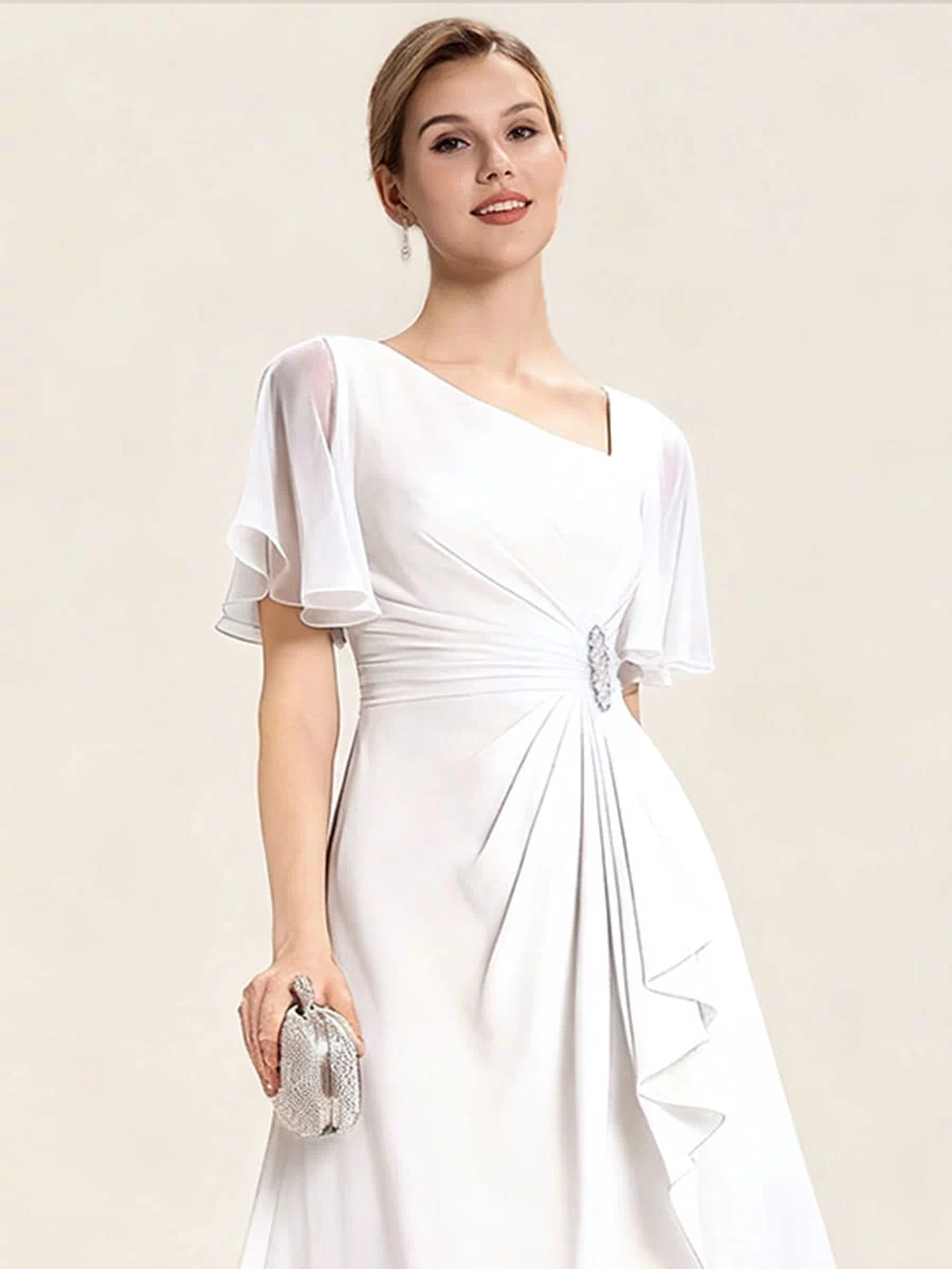 Rhinestone Embellished Chiffon Ruffle Sleeve Evening Dress #color_White
