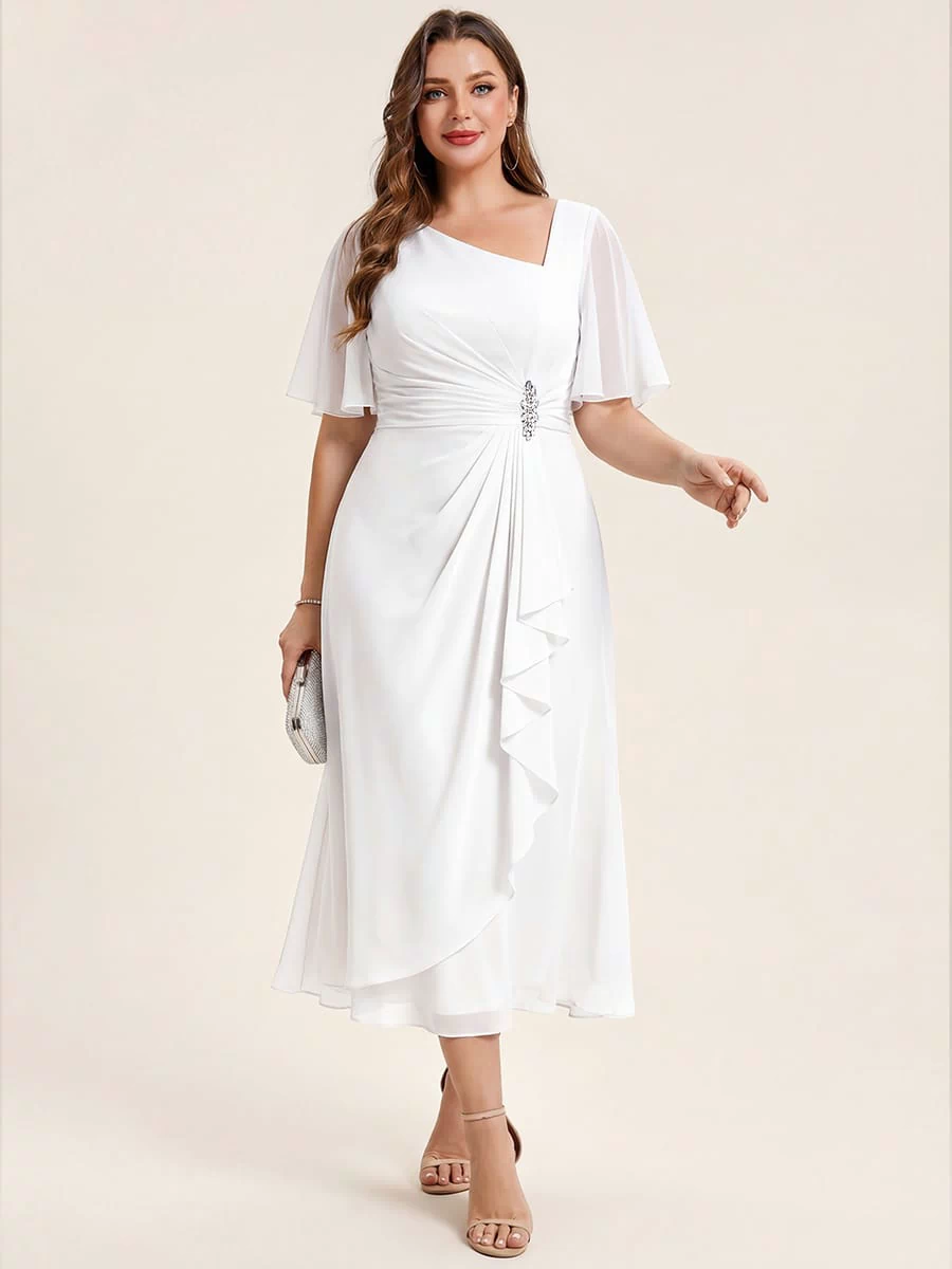 Rhinestone Embellished Chiffon Ruffle Sleeve Evening Dress #color_White