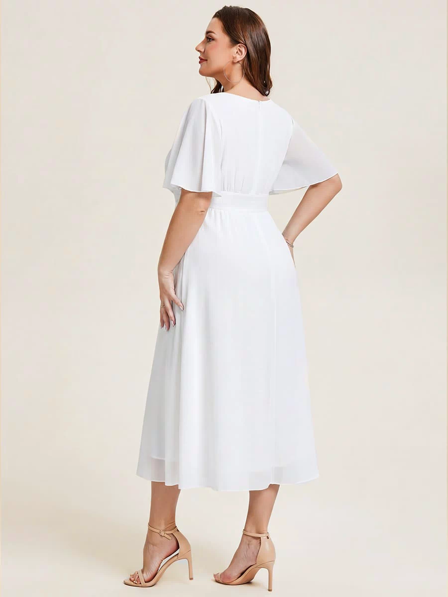Rhinestone Embellished Chiffon Ruffle Sleeve Evening Dress #color_White
