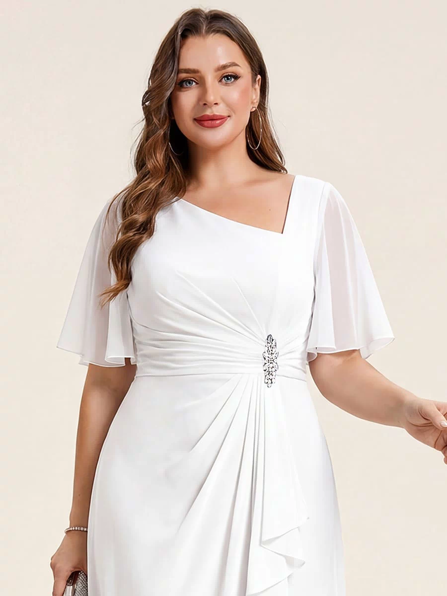Rhinestone Embellished Chiffon Ruffle Sleeve Evening Dress #color_White