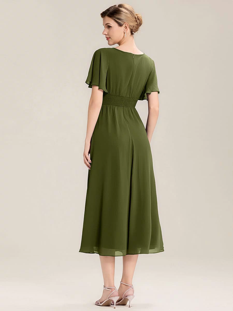 Rhinestone Embellished Chiffon Ruffle Sleeve Evening Dress #color_Olive Green